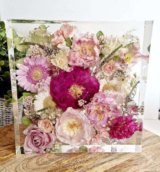 25cm Flower Preservation square block, wedding flowers or memorial flowers preserved.