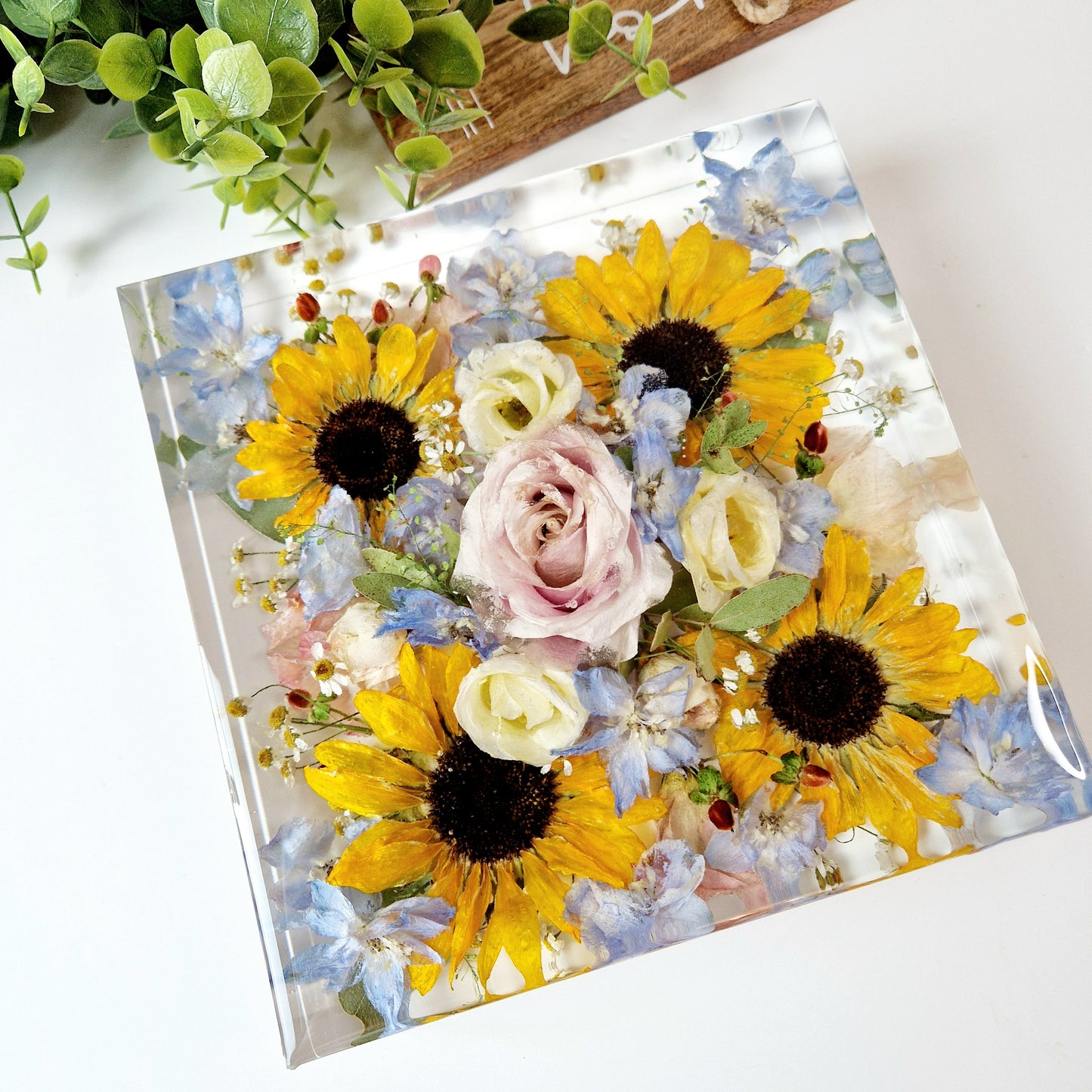 25cm Flower Preservation square block, wedding flowers or memorial flowers preserved.