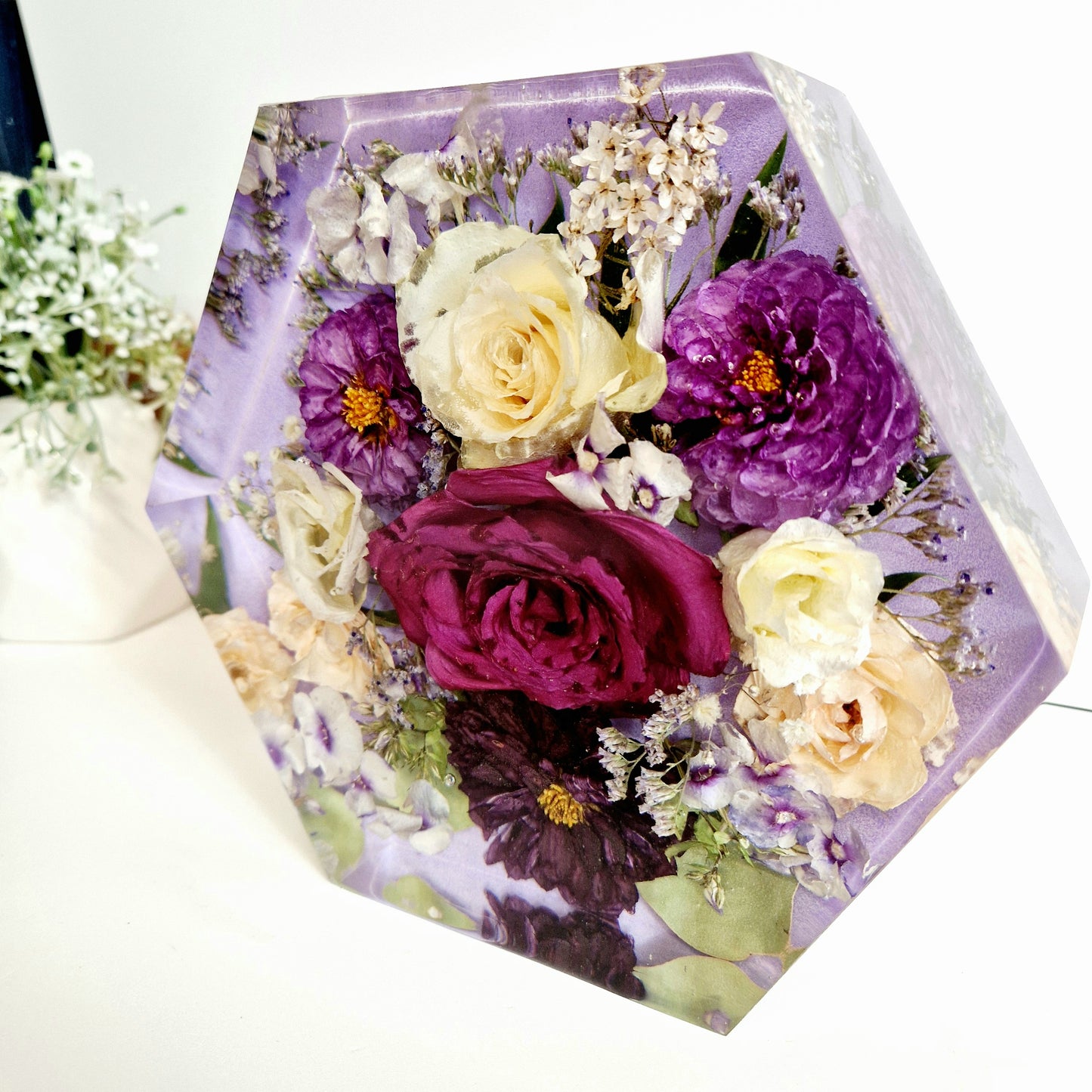 20cm hexagon flower preservation wedding bouquet, funeral memorial flowers preserved