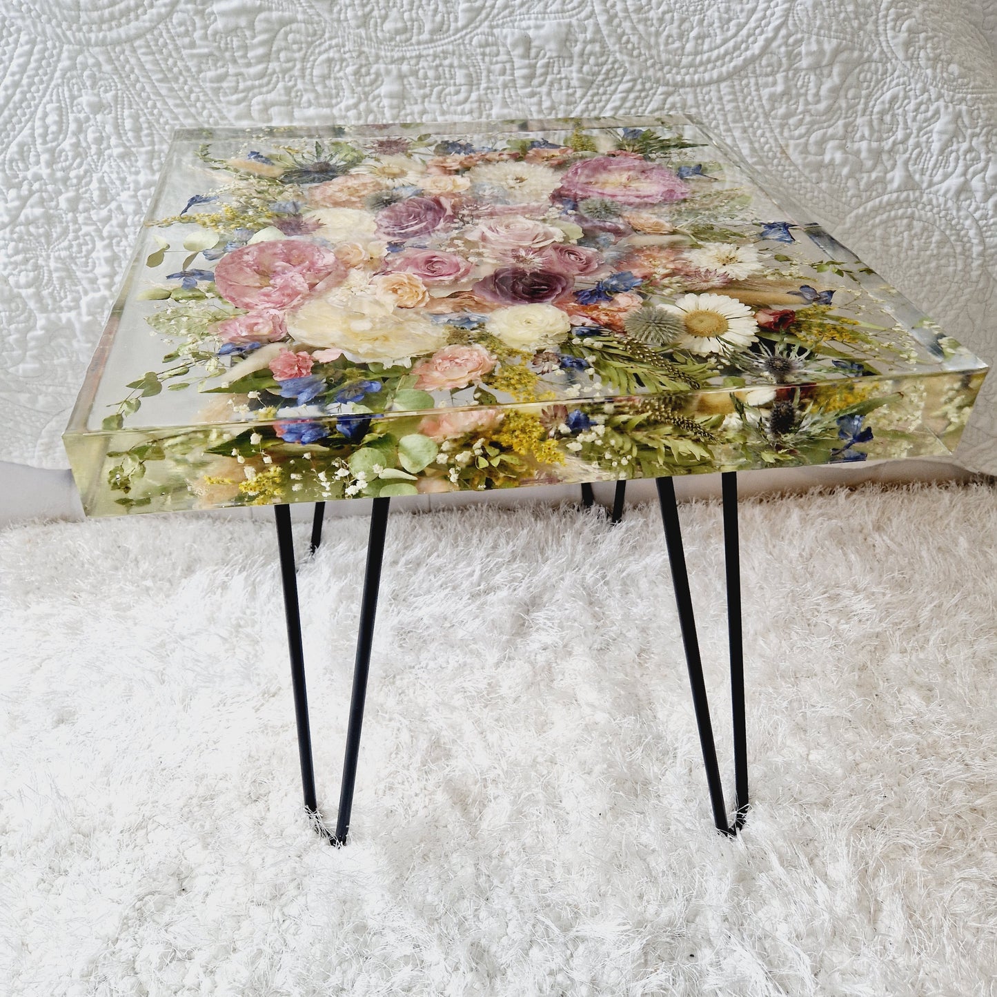 Square 45cm side table. Floral resin table