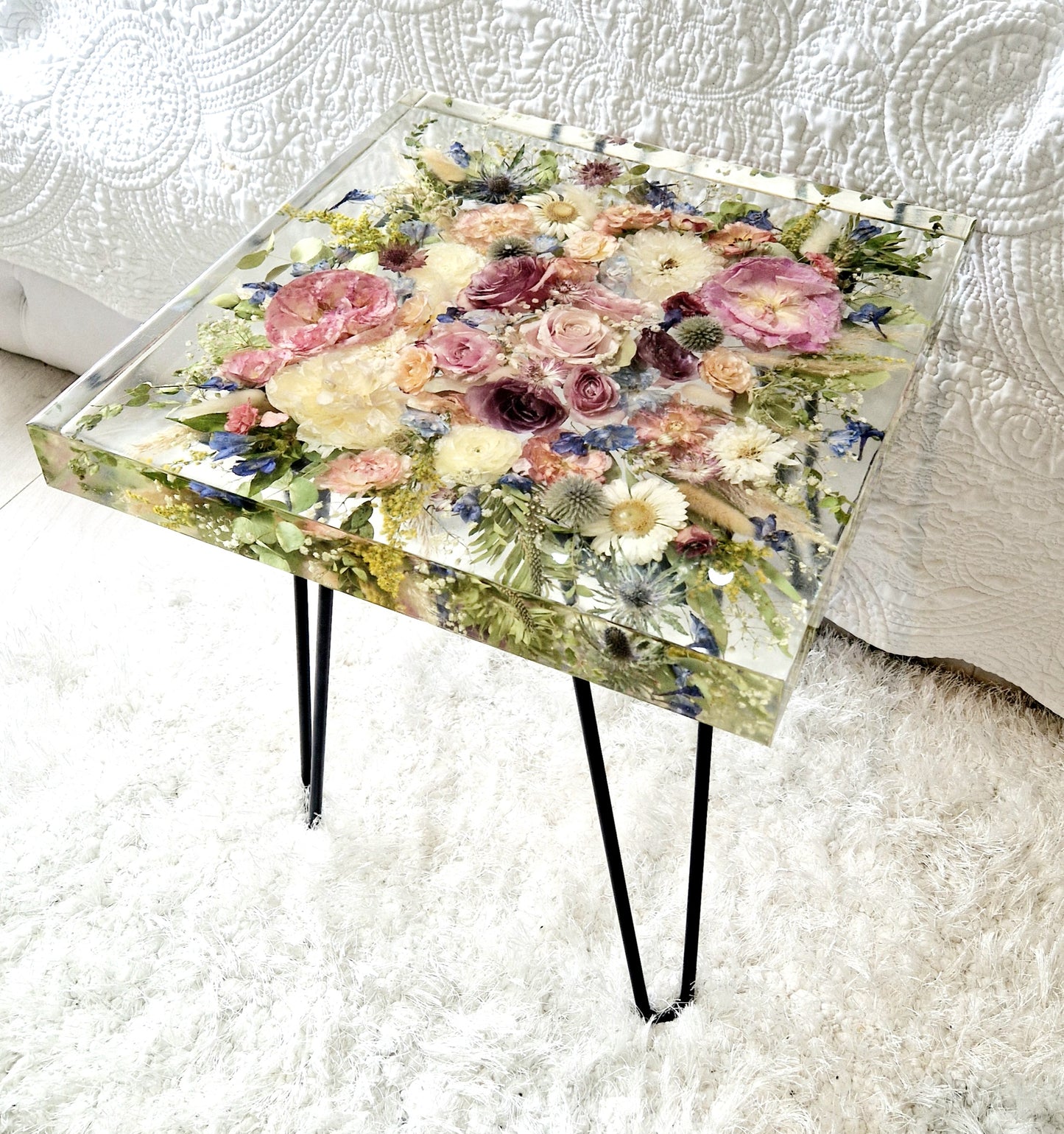 Square 45cm side table. Floral resin table