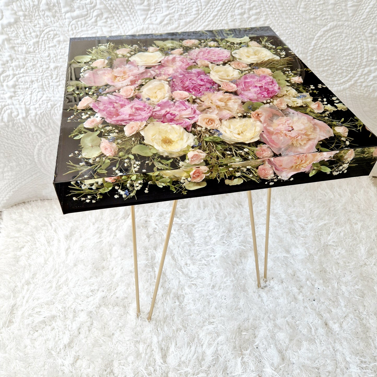 Square 45cm side table. Floral resin table