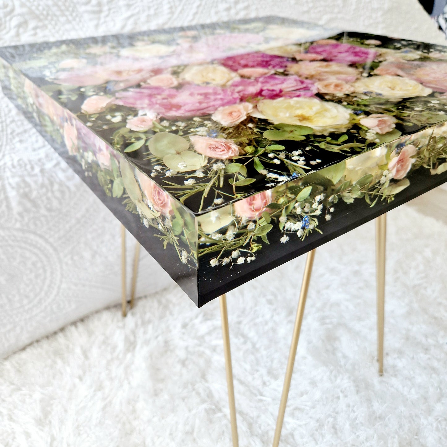 Square 45cm side table. Floral resin table