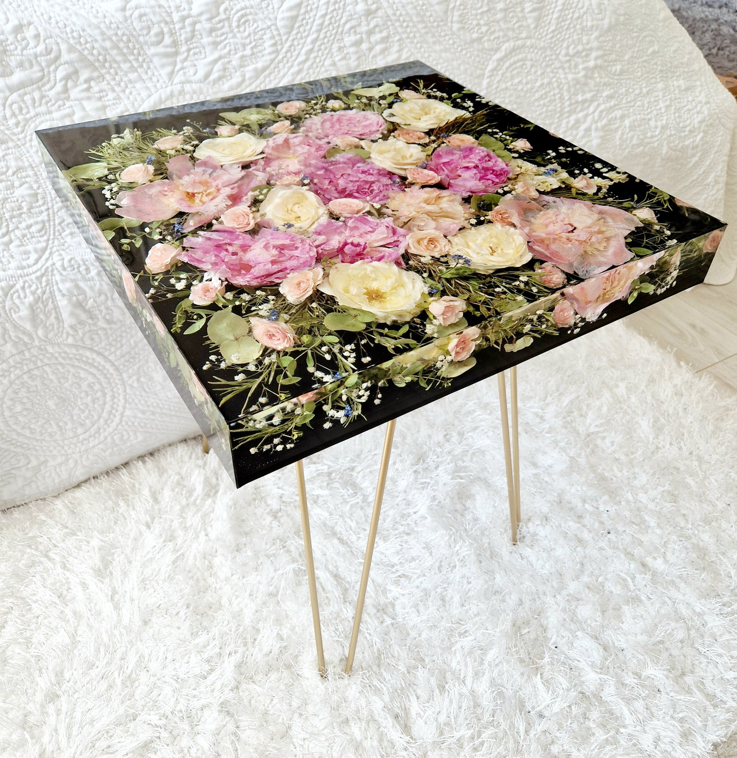 Square 45cm side table. Floral resin table