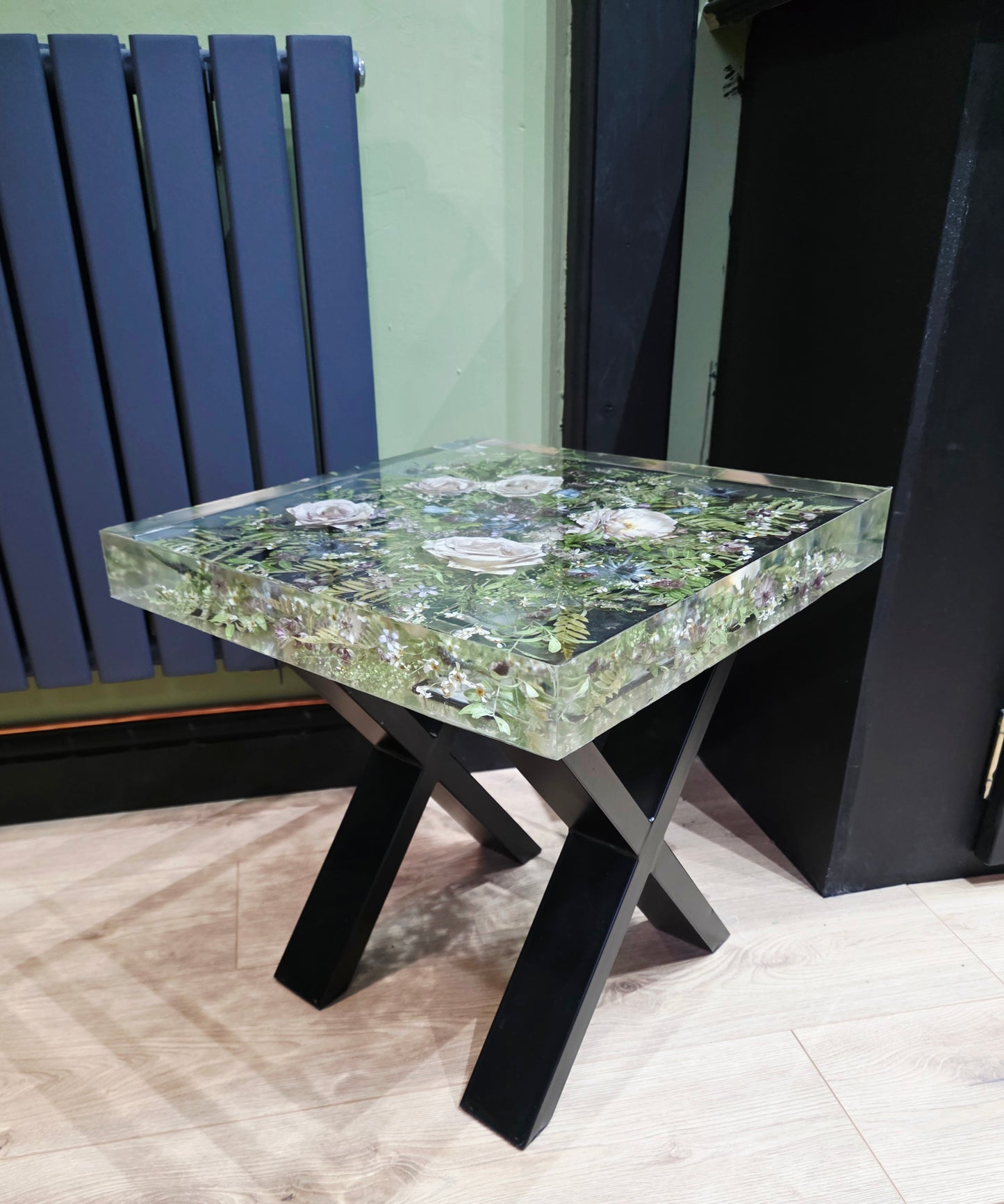Square 45cm side table. Floral resin table