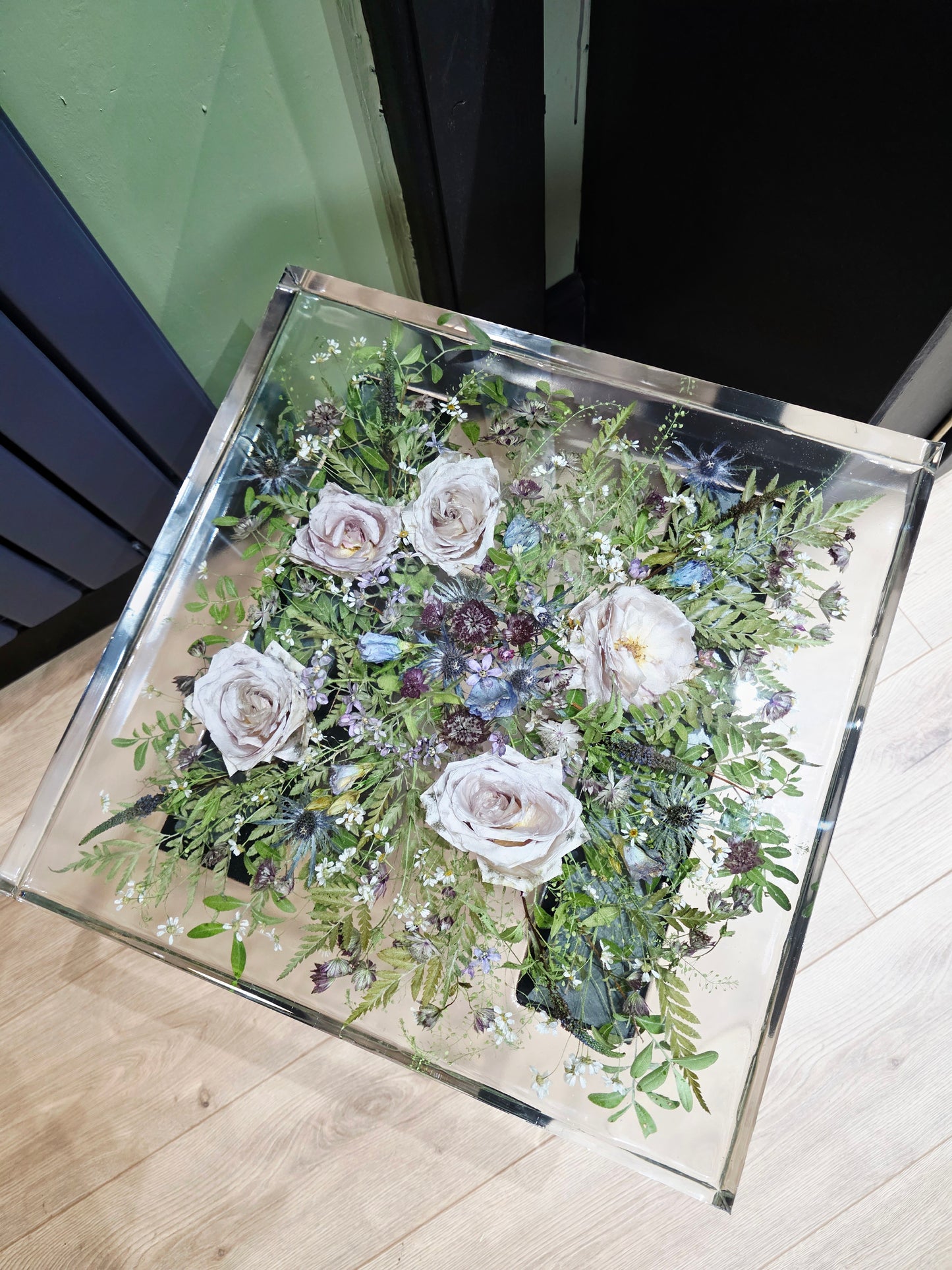 Square 45cm side table. Floral resin table