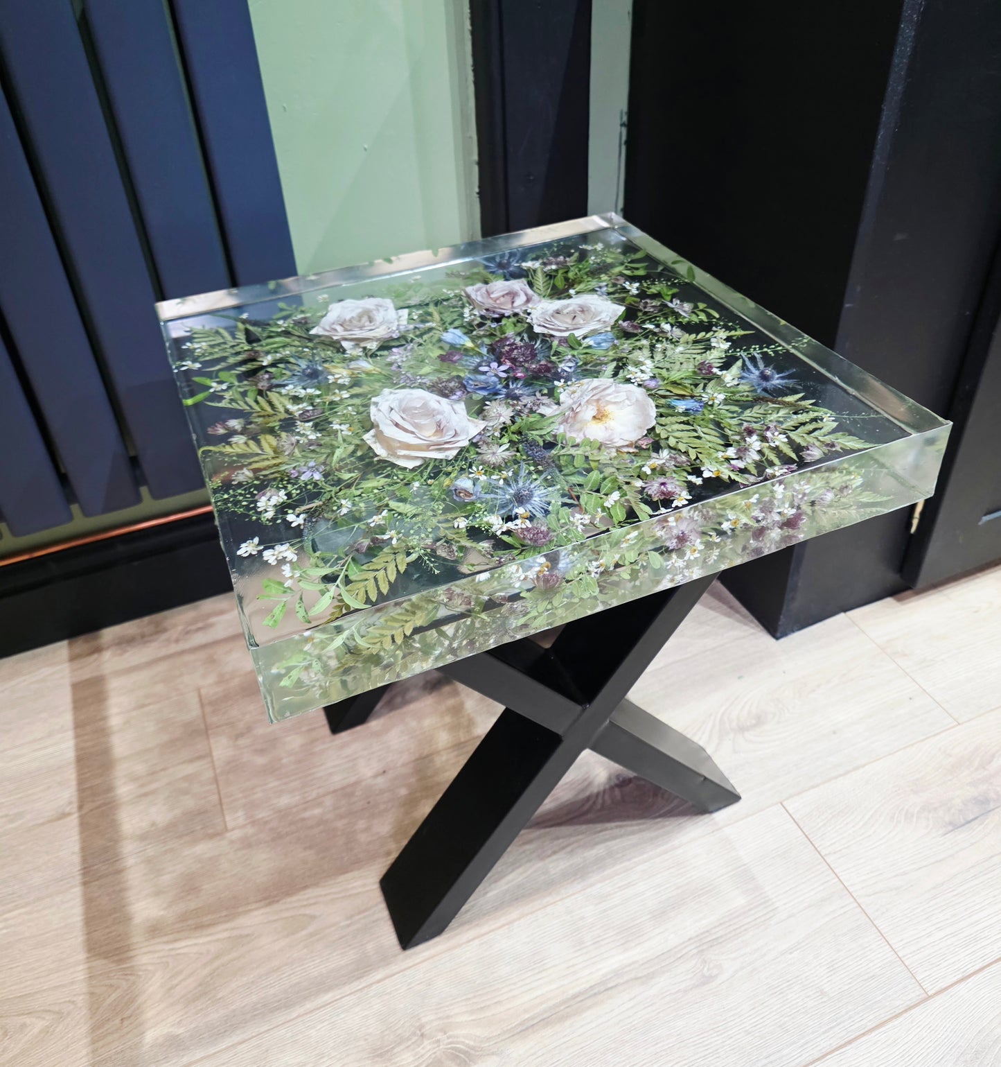 Square 45cm side table. Floral resin table