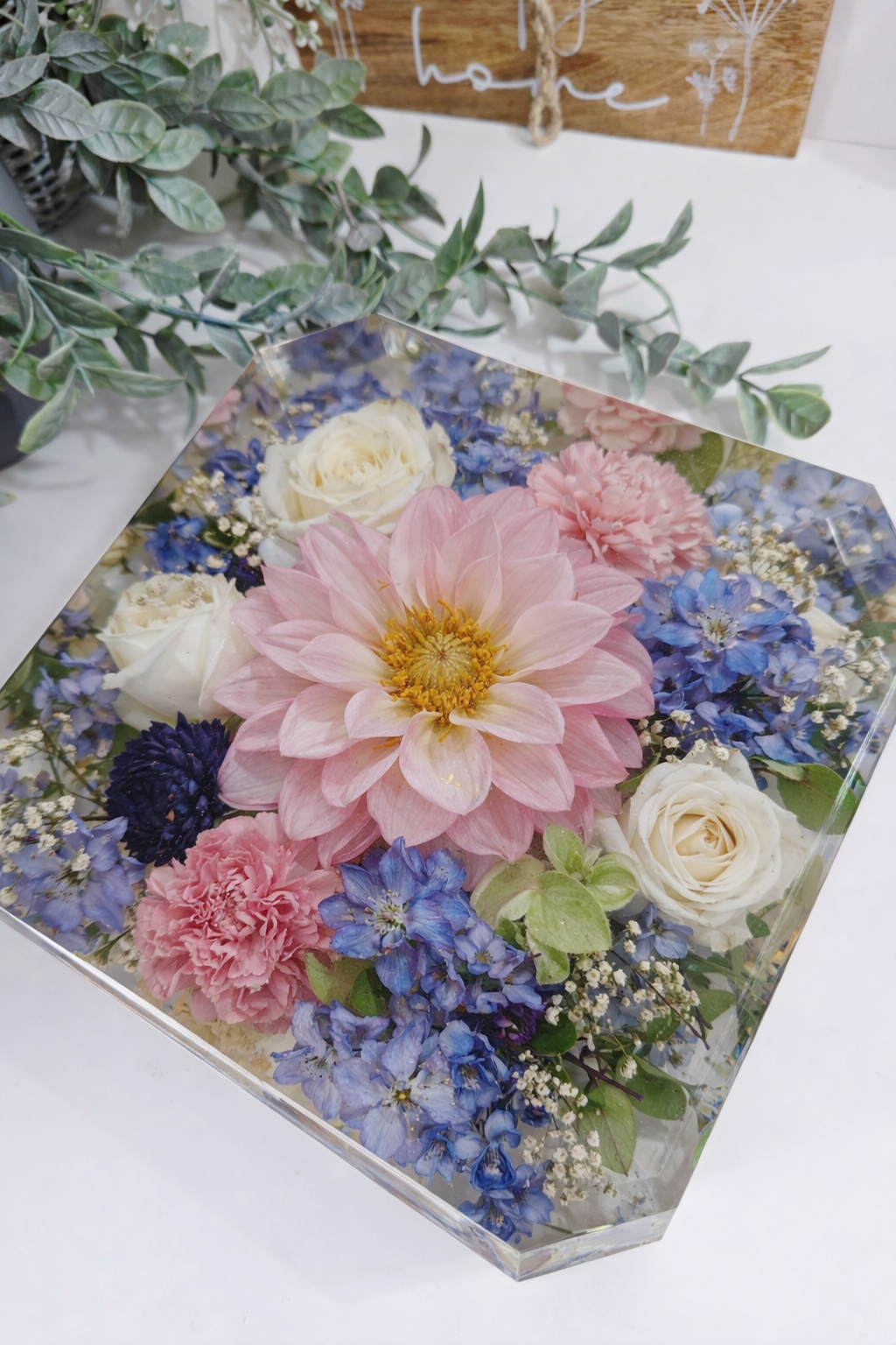 Emerald Flower Preservation Block, 20cm x 8cm deep. Weddings, memorial flowers.