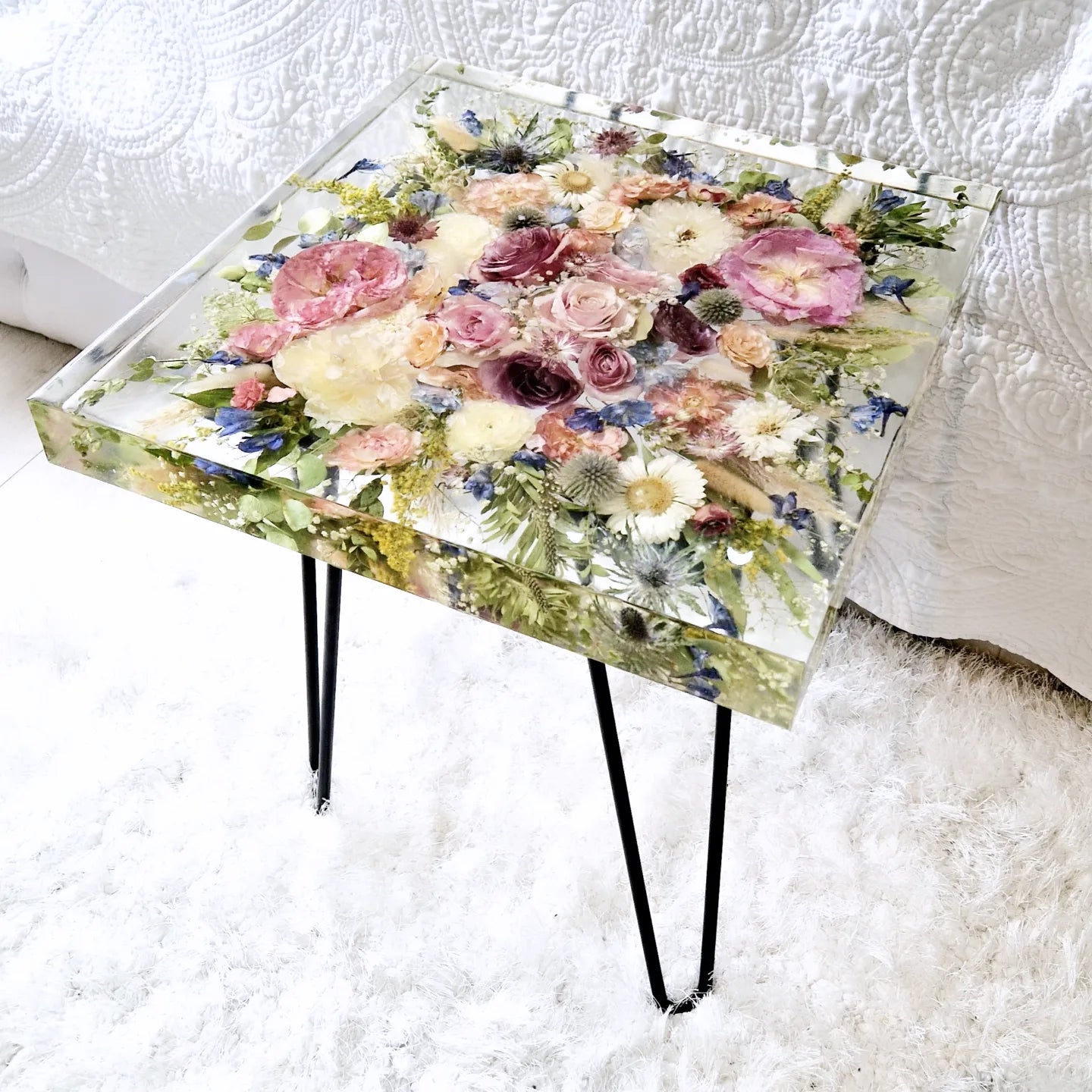 Square 45cm side table. Floral resin table